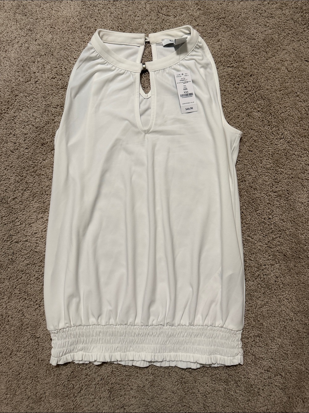 White House Black Market White Sleeveless Keyhole Blouse with Smocked Hem